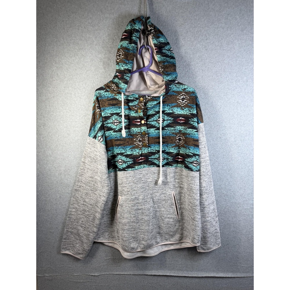 Shein hoodie Mens 2XL Gray Aztec Geometric Pullover Pocket Knit Sweatshirt